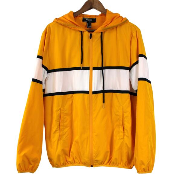 Forever 21 Mens M Windbreaker Jacket Full‎ Zip Colorblock Stripe Hooded Yellow - Picture 1 of 10